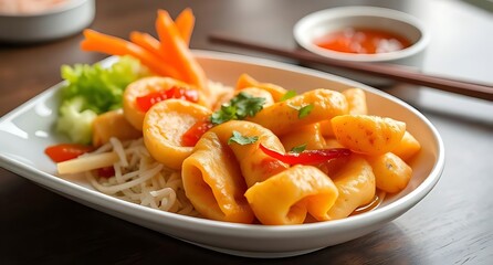 Close up of a plate of squid rings with vegetables and sauce on a table in a restaurant setting