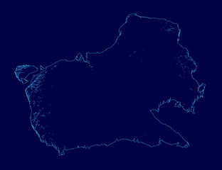 A blue map of Canada stands out against a dark blue background, featuring clean contour lines and minimalist design. The detailed borders highlight provinces and territories with subtle shading.