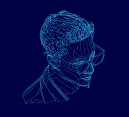 A blue wireframe portrait of a man wearing glasses, featuring clean contour lines against a dark blue background. The digital illustration has a futuristic and minimalist aesthetic.