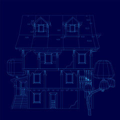 A detailed house blueprint on a blue background displays architectural elements like walls, windows, and doors. Wireframe outlines highlight the structure surrounded by trees.