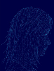 A low polygonal portrait of a woman's face features intricate wireframe details and geometric shapes. The design has a modern, abstract aesthetic with clean lines and a striking blue background.