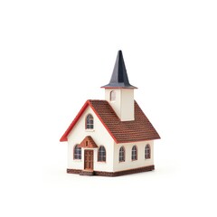 Miniature church model, white facade, red roof, dark spire