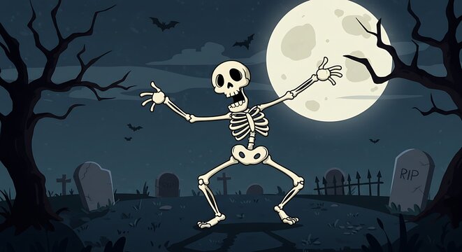 A spooky halloween night with a dancing skeleton in a graveyard under a full moon, perfect for scary celebrations
