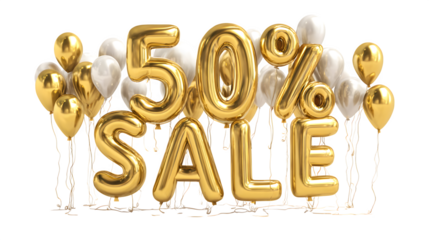 3D balloons carrying large 50% sale on white background