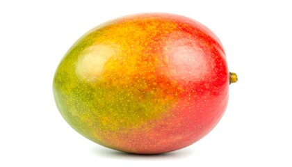 Close-up of a ripe mango on a white background.