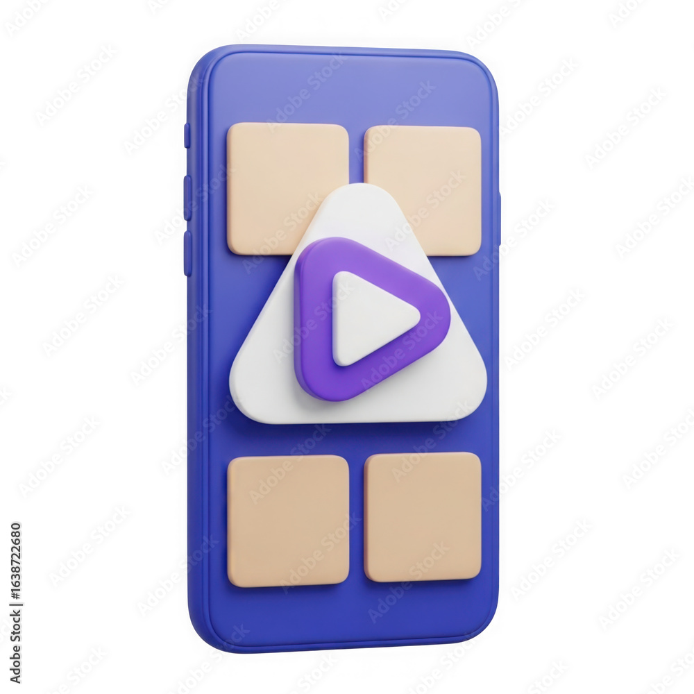 Poster modern 3d smartphone icon with a prominent play button and app squares isolated on transparent backg
