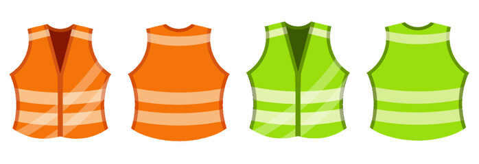 Set of safety jacket in green and orange colors isolated on white background. Safety vest vectors with front and back view. Green and orange sleeves jacket icons in EPS format.