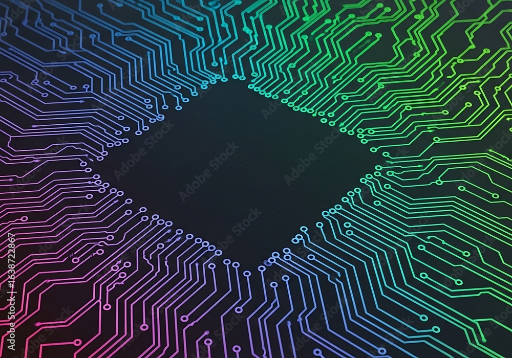 Poster intricate network of circuits forming a technological border with vibrant colors