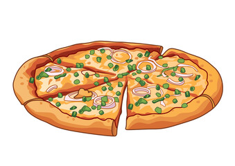 Freshly baked pizza topped with cheese, green onions, and onions, sliced for sharing and perfect for any meal occasion. Food concept