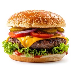 Close-up of a classic cheeseburger on a sesame seed bun.  Topped with cheese, lettuce, tomato, pickles, onion, and a burger sauce