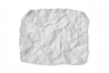 Crumpled white paper sheet displaying intricate wrinkles and deep creases, lying flat against transparent surface