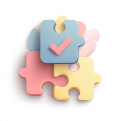 Obraz premium A pastel-colored 3D puzzle graphic, with a large, light blue puzzle piece featuring a red checkmark. Surrounding pieces are pastel pink and yellow