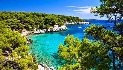 Fototapeta premium Picturesque coastal scenery with vibrant turquoise water and lush greenery.