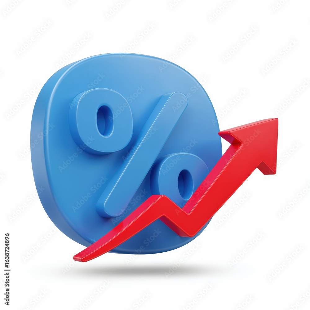 Aufkleber percentage increase with red arrow: a 3d rendering showing a blue percentage symbol with a striking 