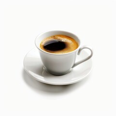 Fototapeta premium White ceramic espresso cup filled with dark coffee, resting on a saucer