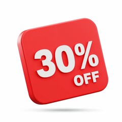 Deals Discount: An eye-catching 3D rendering of a vibrant red tag flaunting a 30% OFF offer, perfect for grabbing attention.