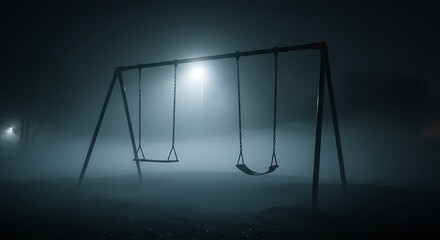 An empty playground swingset shrouded in dense fog at night, illuminated by a single eerie light creating a spooky and mysterious atmosphere.