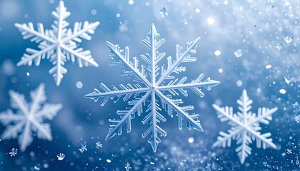 Detailed close-up view of intricate snowflakes against a soft blue background.