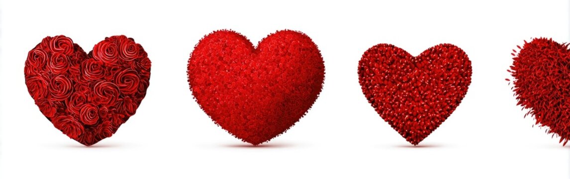 Four red hearts, each formed from clustered rose-like patterns, set against a white background. - Powered by Adobe