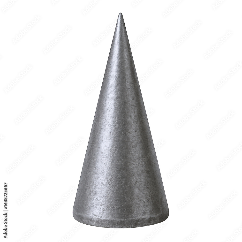 Aufkleber close-up of a metallic cone with a sharp point, showcasing its textured surface and industrial aesth
