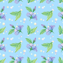 Seamless blue flower and green leaf pattern background, dew, pearl, bubble. Forget-me-not endless backdrop. Hand drawn floral watercolor repeating illustration for textile, wrapping, wallpaper, fabric