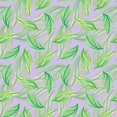 Fototapeta premium Seamless green leaf pattern background. Foliage, leaves endless backdrop. Hand drawn floral watercolor repeating illustration for textile, wrapping, wallpaper, fabric, paper, cover, decor, fashion