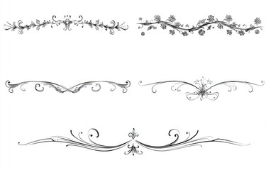 Four decorative dividers.  Each horizontal line features flowing, organic shapes,  and floral or leaf-like accents.  Intricate, elegant, and delicate designs