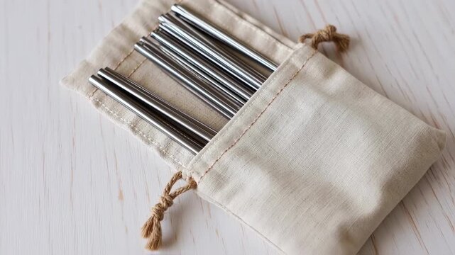 Reusable stainless steel straws in a beige canvas pouch