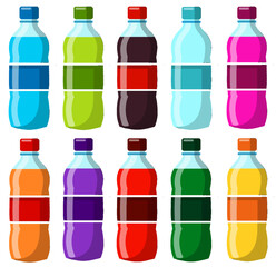 Various type of bottles in colorful colors isolated on white background. Set of soft drinks carbonated water with different flavors in EPS format. Suitable elements for summer and restaurant elements.