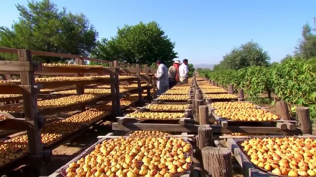Figs drying on wooden racks in orchard