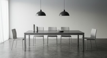 Minimalist Modern Dining Room with Grey Table and Industrial Pendant Lights