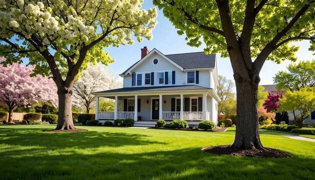 Picturesque house with flourishing trees and lush lawn.
