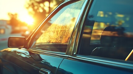 Fototapeta premium Close up of a blue car with sunlight reflecting in the window during golden hour evening light