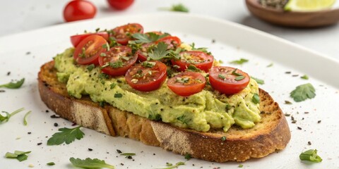 Delicious avocado toast with cherry tomatoes and fresh herbs