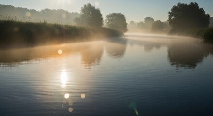 Fototapeta premium Serene River at Sunrise with Golden Mist and Sun Reflections