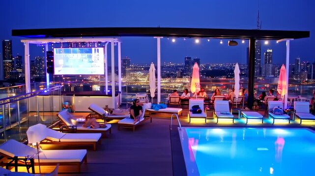 Rooftop pool bar at night with city view