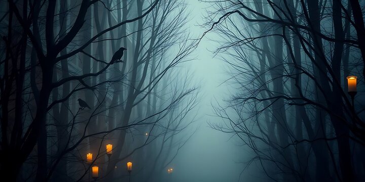 A magical, dark forest illustration with bare trees and a misty path lit by glowing lanterns. The scene has a mysterious atmosphere with two crows perched in the branches above.