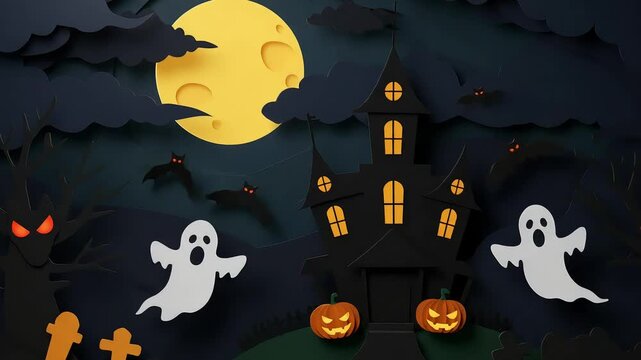 Spooky Halloween Night Scene with Haunted House, Bats, Ghosts, and Full Moon in Background