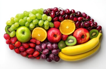 Colorful assortment of fresh fruits arranged in an oval shape on a white background.  