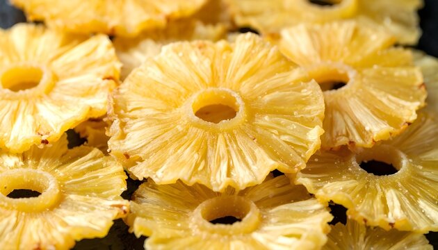 A detailed close-up of golden, chewy dried pineapple rings, highlighting their sweet, crystallized texture and tropical flavor - Powered by Adobe