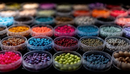 Colorful containers of various beads.  Small, round plastic containers filled with colorful, round beads of different shades and tones are displayed in an organized grid pattern. 