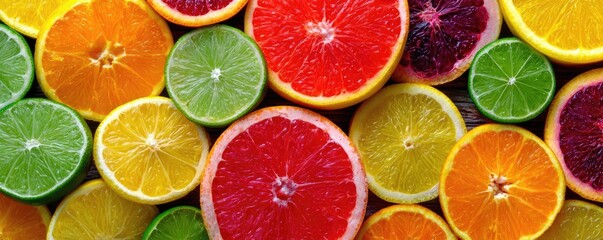 Citrus mosaic of fruit slice concept. Vibrant assortment of sliced citrus fruits for fresh recipes.