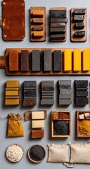 Handmade soaps in various colors and textures, displayed on wooden trays and in small containers.  Natural ingredients