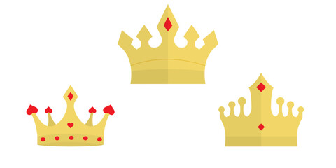 Golden Crown Collection with Red Jewels in Flat Style.