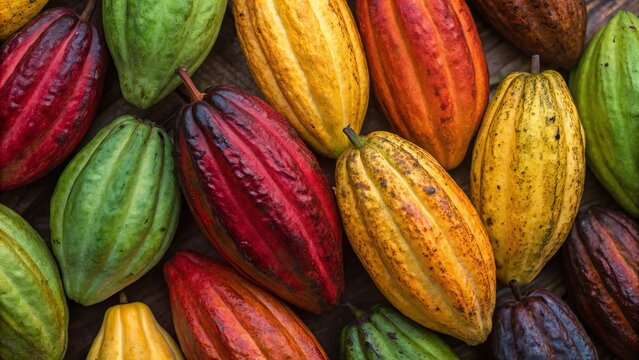 Multiple varieties of cacao pods in green, yellow, red, and aubergine colors freshly harvested. Tropical farm setting, organic agriculture, vibrant natural produce
