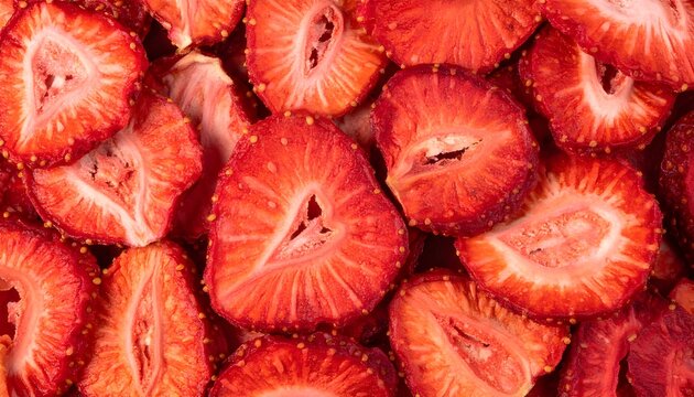 A macro photograph of vibrant, ruby-red dehydrated strawberry slices, showcasing their detailed texture and concentrated sweetness