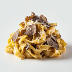 A luxurious plate of tagliatelle pasta, tossed in aromatic truffle oil and topped with delicate shaved truffles, complemented by freshly grated parmesan cheese.