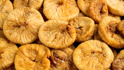 A pile of sweet and chewy dried fig slices with a beautiful golden-brown color, a nutritious and fiber-rich healthy snack