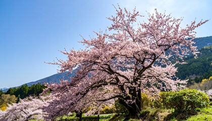 Lush cherry blossoms fill the springtime landscape.