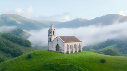 Fototapeta premium A historic stone chapel with a bell tower and cross s